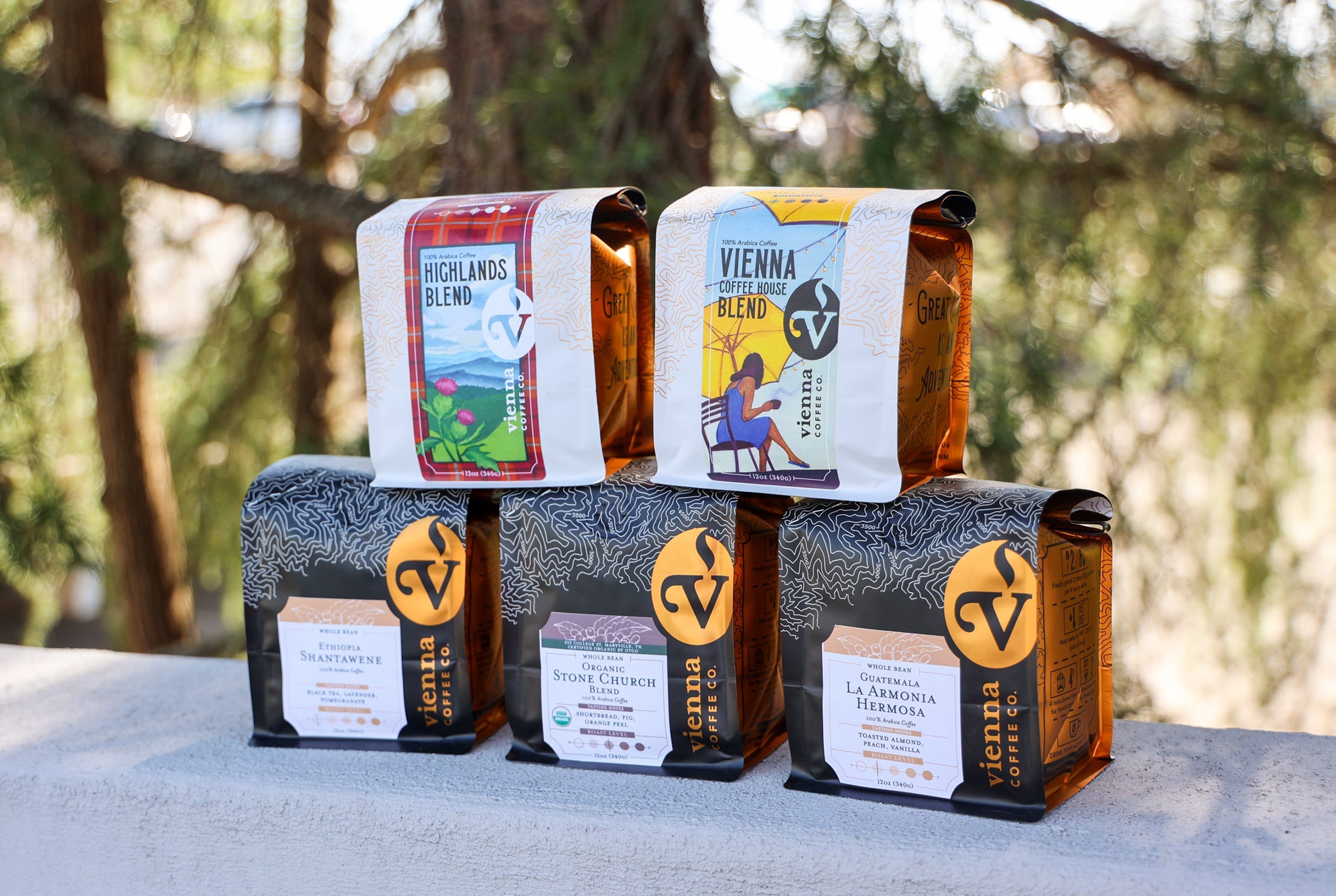 5 bags of Vienna Coffee for subscriptions: highlands blend, vienna coffee house blend, Stone Church Blend, La Armonia Hermosa, Ethiopia Shantawene